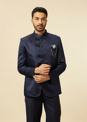 alt message - Manyavar Men Dark Blue Bel Buti Patterned Jodhpuri Suit image number 0